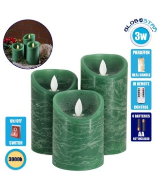 GloboStar® 79560 ΣΕΤ 3 Διακοσμητικών Realistic Κεριών Παραφίνης με LED Εφέ Κινούμενης Φλόγας - Μπαταρίας & Ασύρματο Χειριστήριο IR Πράσινα με Ασημένιες Ρίγες Θερμό Λευκό 3000K Dimmable